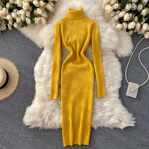 Autumn Winter Women Turtleneck Knitted Dresses Elegant Solid Bodycon Long Sleeve Sweater Dress Spring Office Lady Sexy Dresses