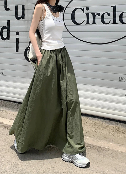 Chic Women Pockets A-Line Long Skirts Ladies Casual Loose Elastic High Waist Midi Skirt 2024 Spring Summer