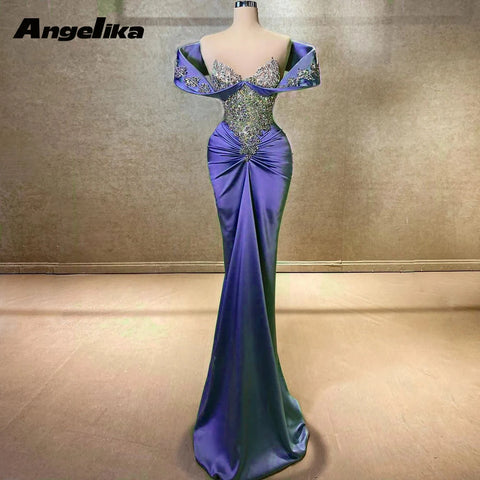 Angelika Attractive Mermaid Formal Evening Dresses for Women Off the Shoulder Rhinestones Ruched Satin V Neck Abendkleider