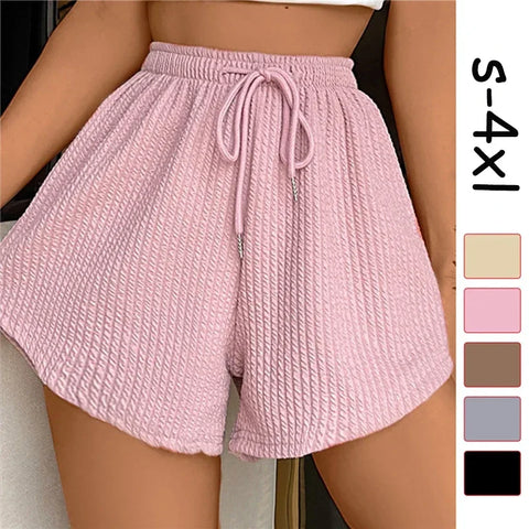 Women Shorts Summer High Elastic Lace Up Drawstring Wide Leg Sweat Short Fitness Running Shorts Loose Casual Large Sports Pants