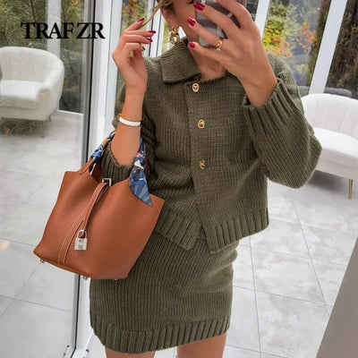 TRAF ZR Women's Lapel Collar Sweaters Skirts Suit 2-pieces Golden Button Knit Cardigan Matching Sets for Women Knit Mini Skirt