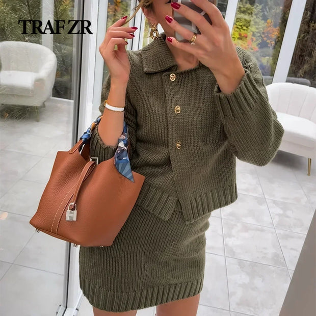 TRAF ZR Women's Lapel Collar Sweaters Skirts Suit 2-pieces Golden Button Knit Cardigan Matching Sets for Women Knit Mini Skirt