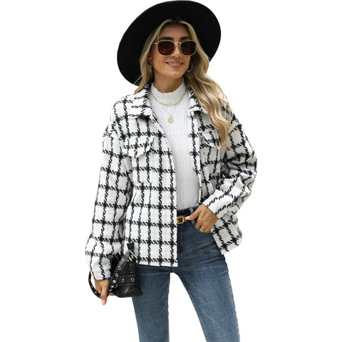 New Style Lapel Plaid Long Sleeved Loose Cardigan Woolen Coat for Women