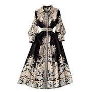 Vestidos Women Palace Retro Printing Dress Autumn And Winter Long Sleeve Elegant Single Breasted A-Line Shirts Dresses Robe