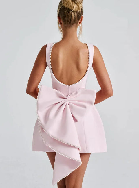 Elegant Pearl Bow Backless Short Dress Women's Sleeveless Party Cute Mini Dresses Black White Pink Chic Birthday Evening Y2K New