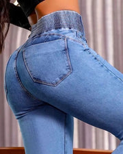 Spring Women Causal Jeans Back Shirred Button Front High Waist Jeans Denim Flare Pants