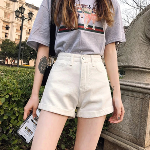 New Summer Women High Waist Button Wigh Leg Jeans Shorts Casual Female Loose Blue Denim Shorts Black White