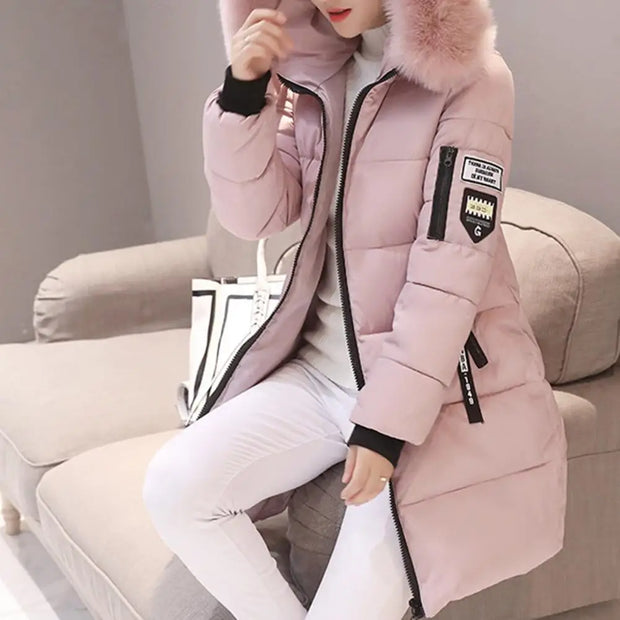 Hooded Cotton Coat Windproof Hooded Winter Cotton Coat with Zipper Pockets for Women Thickened Warm Mid Length Down Coat