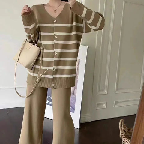 New In Spring Elegant 2-Piece Sets For Women Chic Stripe Sweater Cardigan Elastic Wide Leg Pants Sets Trend Casual Lady Outfit