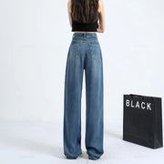 OUSSYU Summer Soft Lyocell Fabric Woman Jeans Thin Loose Straight High Waisted Pant Fashion Comfort Retro Blue Casual Trousers