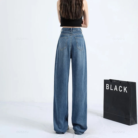 OUSSYU Summer Soft Lyocell Fabric Woman Jeans Thin Loose Straight High Waisted Pant Fashion Comfort Retro Blue Casual Trousers