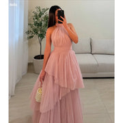 Bella Customized Multi-Layered A-line Mesh Fabric robes de soirée Halter Neck Sleeveless Party Dresses Ankle-Length Prom Dress