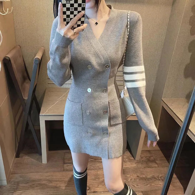 Autumn Fashion Chic Striped Long Sleeve Knitted Dress Women Clothing Vintage V-neck Slim Double Breasted Mini Dress