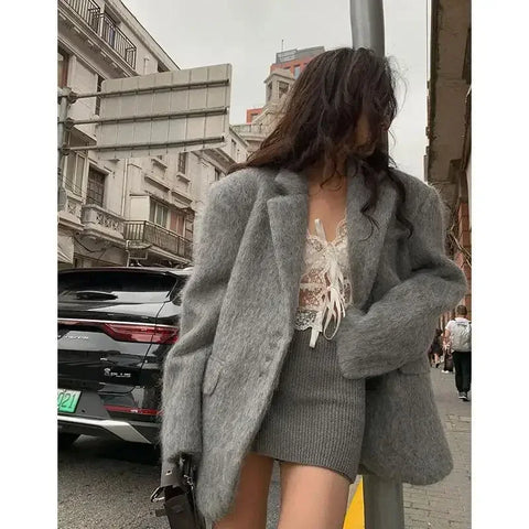 Fashion Lapel Woolen Plush Pink Coats Women Long Sleeves Single Breasted Loose Jackets Autumn Office Lady Pockest Overcoat