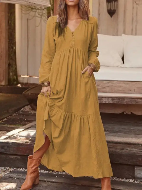 Dresses For Women Long Dress 2023 New Loose Fashion V-Neck Casual Solid Long Sleeve A-Line Sexy Dresses Elegant Ruffles Vestido