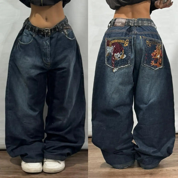 2024 New Harajuku Pants Trend Y2k Hip-hop Retro Minimalist Street Fashion Casual Loose Denim Pants Young Straight Wide-leg Pants