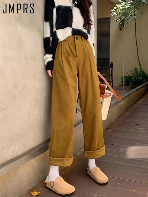 JMPRS High Waist Women Vintage Corduroy Pants Straight Casual Spring Trousers Koran Vintage Coffee Pockets All Match Pants New