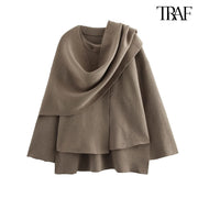 TRAF Women's Fashion 2024 fall and winter in Europe and the United States new solid color long-sleeved asymmetric scarf jacket