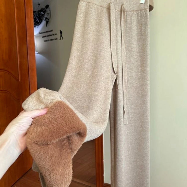 Korean Fashion Simple Knit Wide-leg Pants Women's Autumn Winter High-waisted Moped Thick Casual Pants Straight Pants