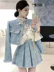 High Quality Tassel Design 2-Piece Sets Women Tweed Autumn New Solid Outfits Long Sleeve Short Jacket Coat + Pleated Skirt Suits