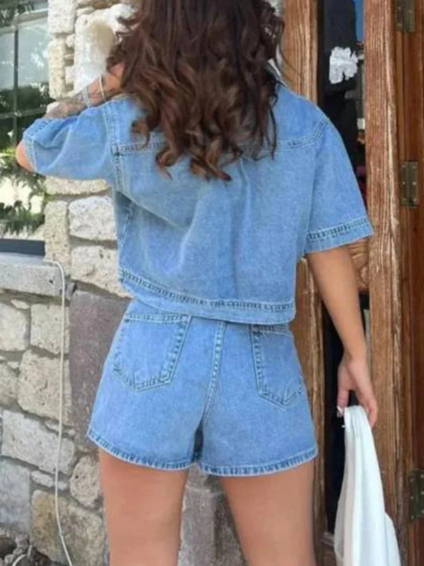 Women’s 2 Piece Denim Outfits Summer Short Sleeve Lapel Jean Pullover Tops and Asymmetrical Shorts Set for Streetwear Grunge Y2K