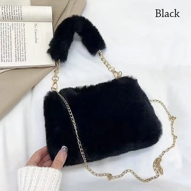 Fashion Women Fluffy Shoulder Bags Female Winter Chain Underarm Bag Solid Color Handbag Soft Plush Handle Bag