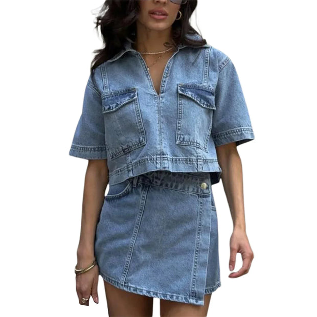 Women’s 2 Piece Denim Outfits Summer Short Sleeve Lapel Jean Pullover Tops and Asymmetrical Shorts Set for Streetwear Grunge Y2K