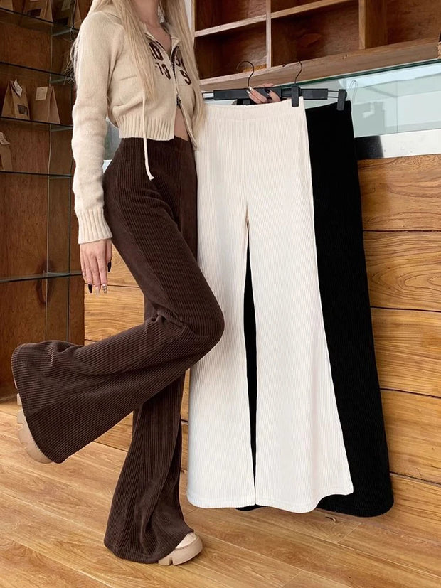 Jmprs Vintage Black Corduroy Flare Pants Women Casual High Waist Korean Trousers Fall Winter Female Simple Design Solid Pants