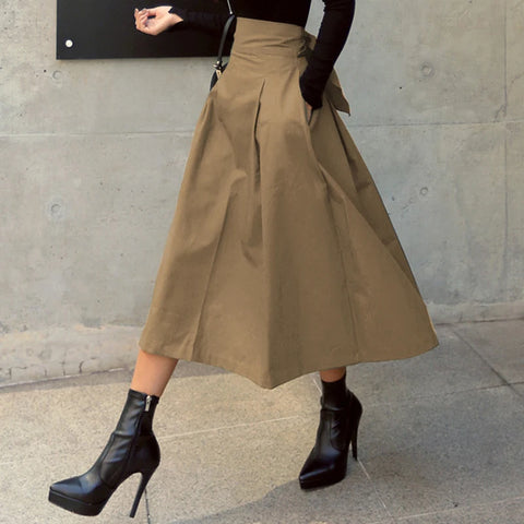 Skirts Womens Korean Fashion Solid Color Big Swing Ladies Skirt Long Skirt 2025 Autumn Wild High Waist Bow Slim Skirts