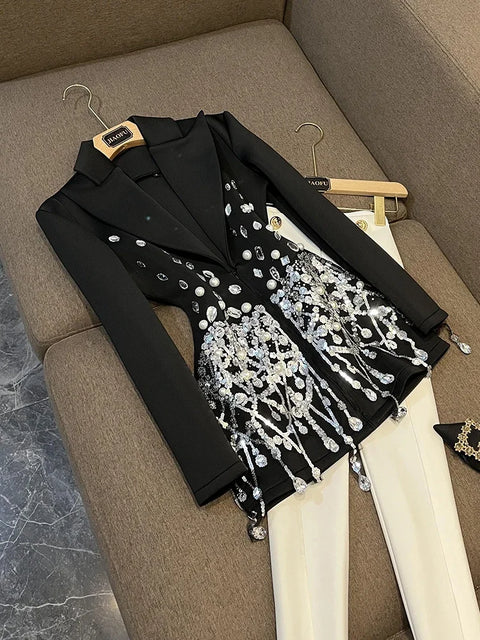 TWOTWINSTYLE Solid High Street Spliced Diamonds Dress For Women Lapel Long Sleeve Evening Party Dresses Female Fashion KDR8A0406