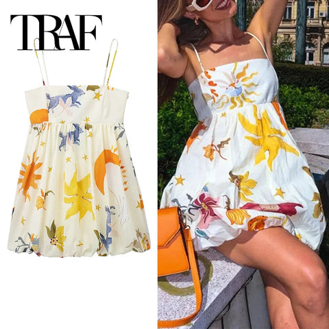 TRAF Print Slip Mini Dress Woman Ruched Sleeveless Short Dresses For Women 2024 Backless Summer Sexy Dress Beach Holiday Dresses