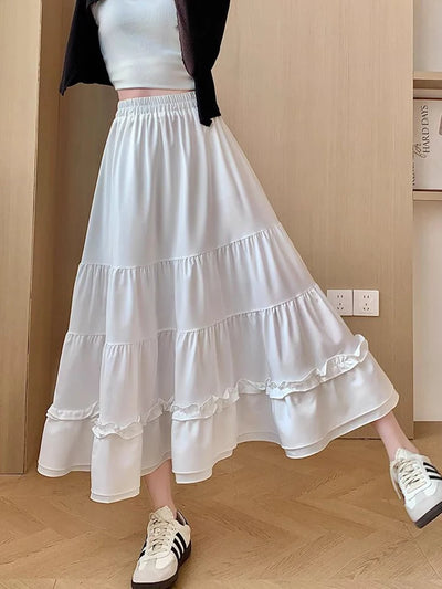 Jmprs Chic Ruffles Sweet Long Skirt Women Elegant High Waist Cake Skirts Korean Fashion Female Summer Casual White A Line Skirt