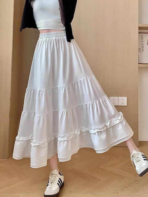 Jmprs Chic Ruffles Sweet Long Skirt Women Elegant High Waist Cake Skirts Korean Fashion Female Summer Casual White A Line Skirt