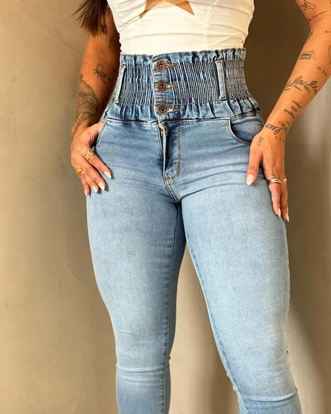 Stretchy Shirred High Waist Skinny Jeans Women Pants