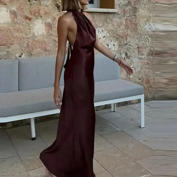 TRAF Halter Satin Long Dress Women Tied Backless Brown Midi Dress Summer Off Shoulder Party Dresses Pleated Evening Dress