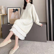 Autumn Winter Long Sleeve Sweater Dress Women Korean Ruffles Loose Knitted Dresses Woman 2023 Women's Mid-Length Knit Base Dress