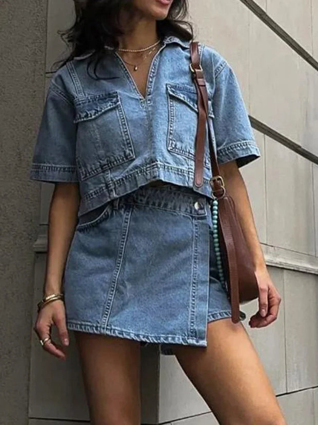 Women’s 2 Piece Denim Outfits Summer Short Sleeve Lapel Jean Pullover Tops and Asymmetrical Shorts Set for Streetwear Grunge Y2K