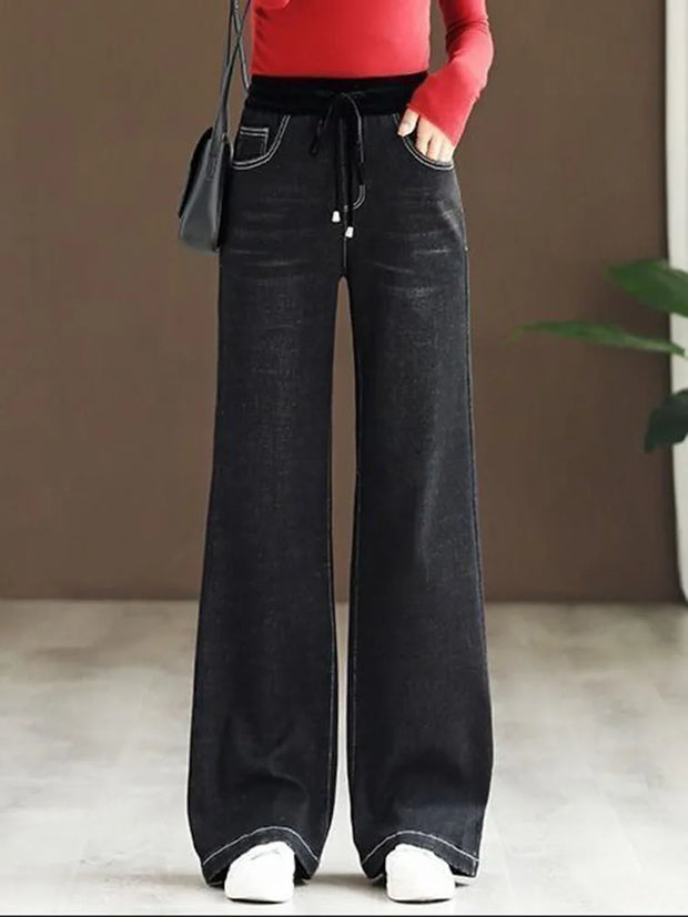 Women Elastic High Waist Straight Jeans Korean Baggy Oversize 85kg Wide Leg Denim Pants Spring Fall Causal Vintage Kot Pantolon