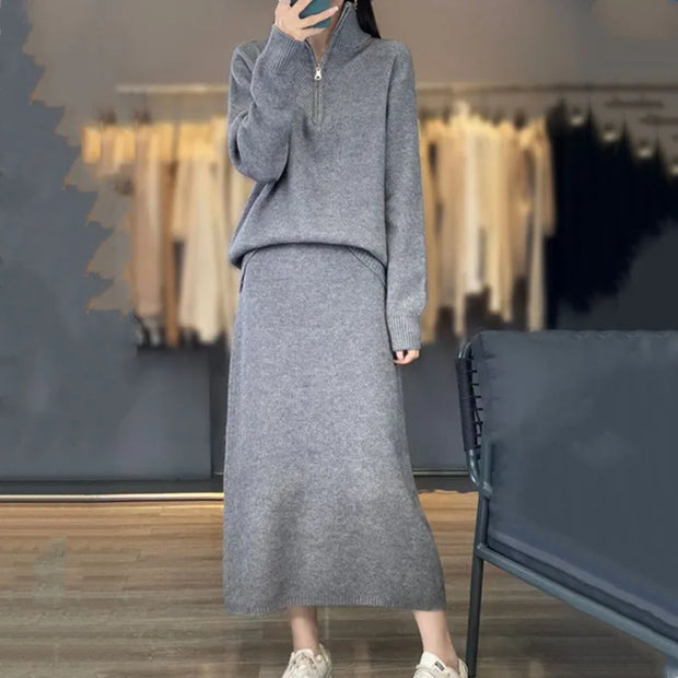 Autumn and Winter Korean Edition New Fashion Set Stand up Collar Zipper Sweater+Skirt Slimming Two Piece Set