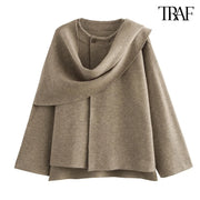 TRAF Women's Fashion 2024 fall and winter in Europe and the United States new solid color long-sleeved asymmetric scarf jacket