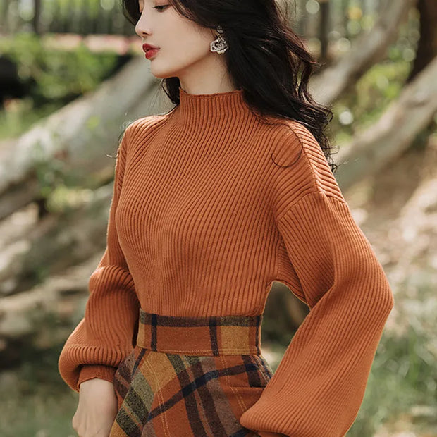 Women's Spring Autumn Vintage Plaid Long Skirts Sweater Two-Piece Set French Lady Graceful Knit Pullover High Waist Skirt Outfit