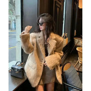 Fashion Lapel Woolen Plush Pink Coats Women Long Sleeves Single Breasted Loose Jackets Autumn Office Lady Pockest Overcoat