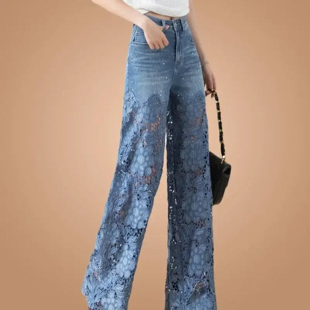 Fashion Elegant Jeans for Women High Waist Lace Patchwork Pantalones Hollow Out Oversized Spring Casual Loose All Match Pants