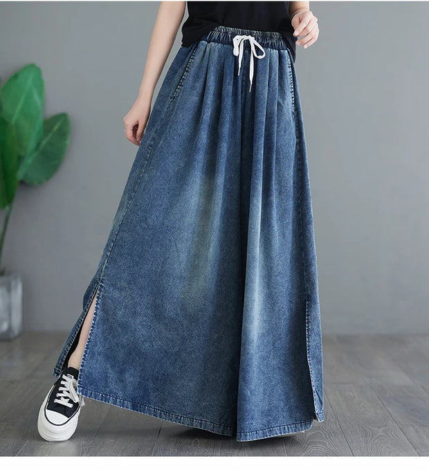 Oversized Jeans Spring Summer Long Wide Leg Pant Women Loose Pleated Fashion Split Ladies Trousers Elastic High Waist Woman Pant