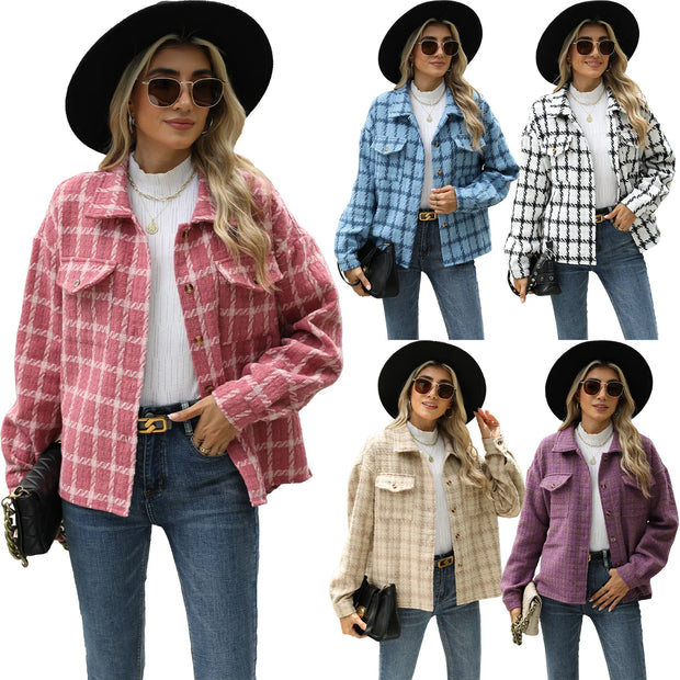 New Style Lapel Plaid Long Sleeved Loose Cardigan Woolen Coat for Women