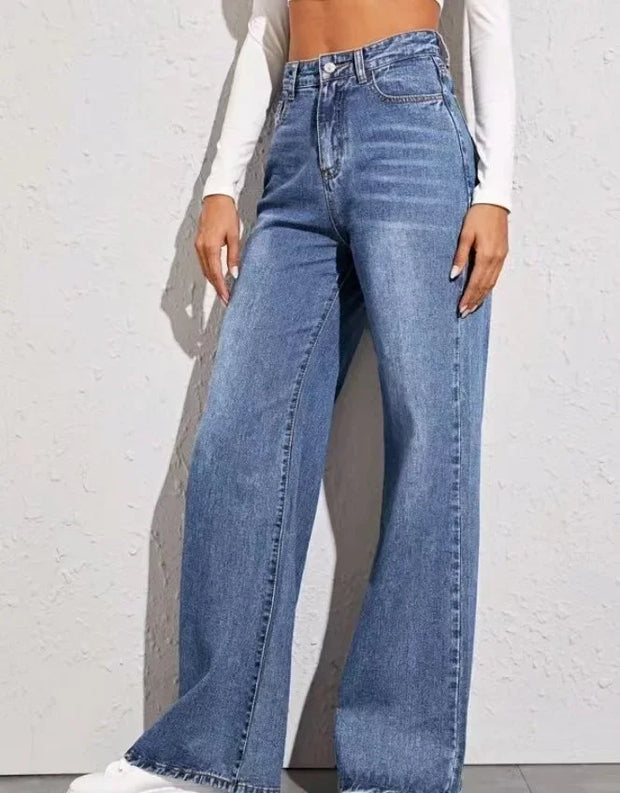 Slouchy Jeans Women High Waist Blue Jeans for Women Washed Zipper Fly Ankle Length Denim Pants Straight Leg Ladies Casual Jeans