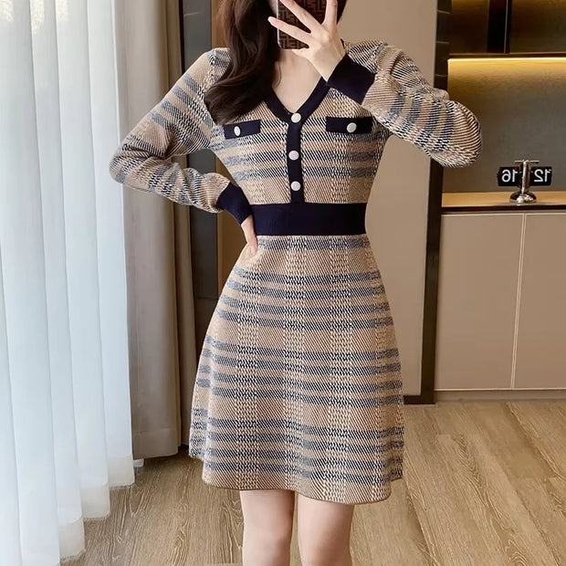 Pink Knitted Dress Women's Autumn New Round Neck High Waist Long Sleeve Slim Sweater A-line Small  Dress