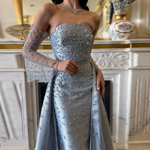 Bella Customized Pearls Beading Slightly Flared Sleeves robes de soirée Satin A-line Party Dresses Floor-Length Prom Dress 2024