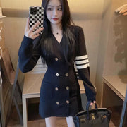 Autumn Fashion Chic Striped Long Sleeve Knitted Dress Women Clothing Vintage V-neck Slim Double Breasted Mini Dress