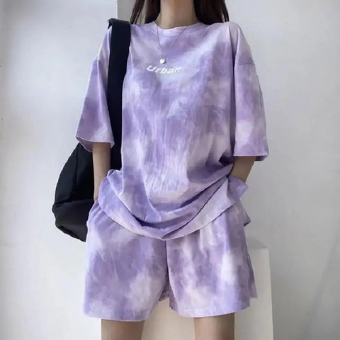 2 Pcs/Set Women T-shirt Shorts Set Tie-dye Loose Loose Mid Length Top Mini Shorts Plus Size Sport Daily Wear Top Pants Set